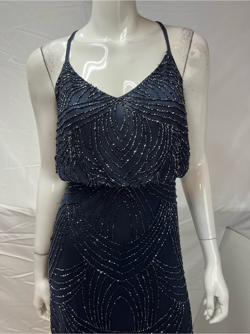 Adrianna Papell Women’s 2 Long Blue Beaded Formal Gown Dress Art Deco Evening - Picture 4 of 10